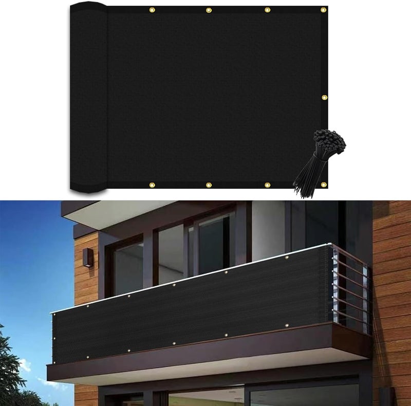 POYEE 3'×10' Black Balcony Privacy Screen Fence Cover UV Protection Weather Resistant Waterproof Shade Cloth for Outdoor Patio Apartment Backyard Porch Deck Railing with Zip Ties - Image 1
